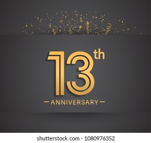13th anniversary design for company celebration event with golden multiple line and confetti isolated on dark background 