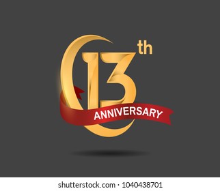 13th anniversary design logotype golden color with ring and red ribbon for celebration