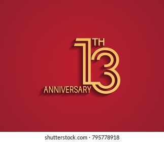 13th anniversary design logotype with line style golden color for celebration event isolated on red background