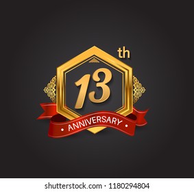 13th anniversary design logotype style with golden hexagon, ornament and red ribbon for use in celebration event.