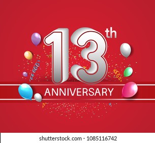 13th anniversary design red background with balloons and confetti for company celebration event 