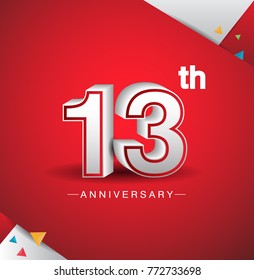 13th anniversary design with white number  on red background and confetti for celebration