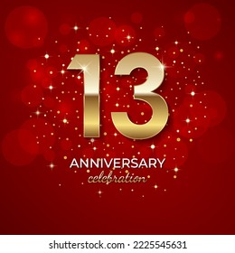 13th Anniversary. Golden number 13 with sparkling confetti and glitters for celebration events, weddings, invitations and greeting cards. Realistic 3d sign. Vector festive illustration