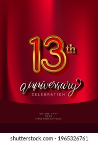13th anniversary Invitation and Greeting Card Design, Golden and Silver Colored, Elegant Design, Isolated on Red Background. Vector illustration.