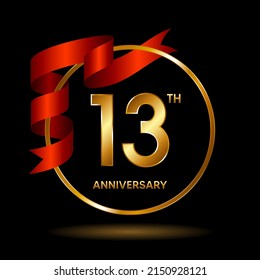 13th Anniversary logo. Anniversary celebration template design with golden ribbon for booklet, leaflet, magazine, brochure poster, banner, web, invitation or greeting card. Vector illustrations.