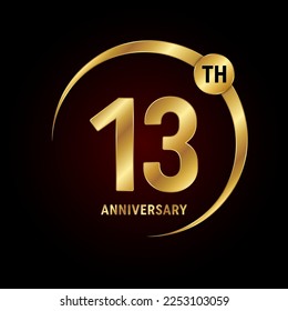 13° aniversario. Concepto de diseño del logo del aniversario con anillo de oro para celebración del aniversario, tarjeta de invitación, tarjeta de saludo, banner, afiche, volante, portada del libro. Plantilla de vectores de logotipos