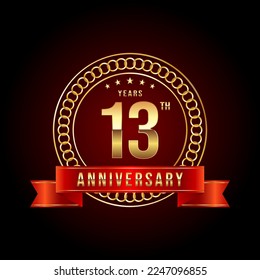 13th Anniversary. Anniversary logo design with gold color text and red ribbon for anniversary celebration event. Logo Vector Illustration