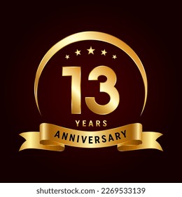 13th Anniversary logo design with golden ribbon. Logo Vector Template Illustration