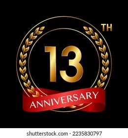 13th Anniversary. Anniversary Logo Design with Laurel Wreath and Red Ribbon for Celebration Event, Wedding, Invitation, Greeting Card. Logo Vector Illustration