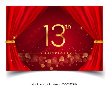 13th Anniversary Logo with Glowing Golden Colors Isolated on Realistic Red Curtain, Vector Design for Greeting Card, Poster and Invitation Card