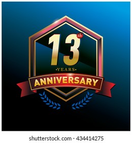 13th anniversary logo with gold ring and red ribbon. Anniversary signs illustration. Gold anniversary logo design and illustration