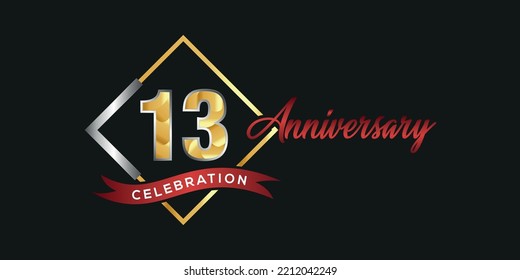 13th anniversary logo with golden and silver box, confetti and red ribbon isolated on elegant black background, vector design for greeting card and invitation card
