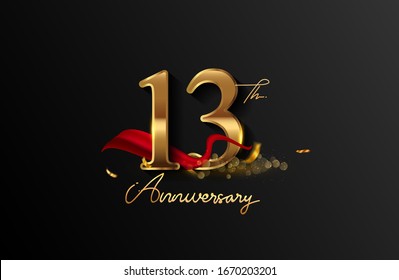 13th anniversary logo with red ribbon and golden confetti isolated on elegant background, sparkle, vector design for greeting card and invitation card.