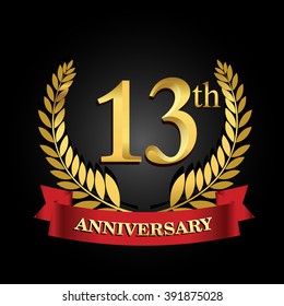 13th anniversary logo with red ribbon and golden laurel wreath, vector template for birthday celebration.