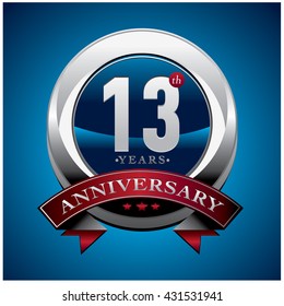 13th anniversary logo with red ribbon. Anniversary signs illustration. Silver anniversary logo with red ribbon and circle ring