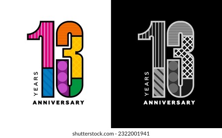 13th anniversary logo set, thirteen years badge, colorful logo for holiday event, invitation, congratulations, web template, flyer and booklet, retro symbol, color logo