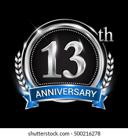 13th anniversary logo with silver ring combination blue ribbon and laurel wreath. Vector template for birthday celebration, party, wedding, invitation and greeting card