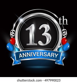 13th anniversary logo with silver ring,balloons and blue ribbon. Vector design template elements for your birthday celebration.
