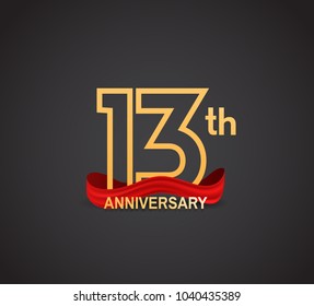 13th anniversary logotype design with line golden color and red ribbon for celebration isolated on dark background
