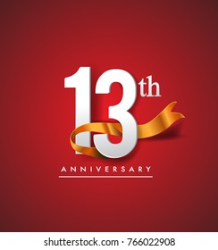 13th anniversary logotype with golden ribbon isolated on red elegance background, vector design for birthday celebration, greeting card and invitation card.