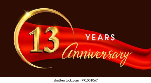 13th anniversary logotype with golden ring isolated on red ribbon elegant background, vector design for birthday celebration, greeting card and invitation card.