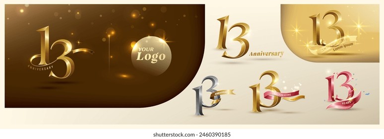 13th anniversary logotype modern gold number with shiny ribbon. alternative logo number Golden anniversary celebration