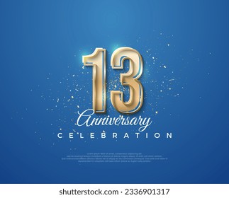 13° aniversario con un diseño lujoso entre el oro y el azul. Vector premium para afiches, banner, saludo de celebración.