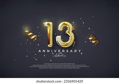 13° Aniversario. Con lujoso diseño dorado. Vector premium para afiches, banner, saludo de celebración.