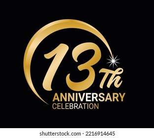 13th Anniversary ordinal number Counting vector art illustration in stunning font on gold color on black background