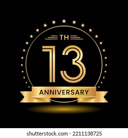 13. Jubiläum, Perfektes Template-Design für Jubiläumsfeiern mit goldener Farbe für Broschüren, Broschüren, Broschüren, Web, Einladung oder Grußkarte. Vektorgrafik-Vorlage