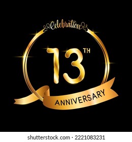 13th Anniversary. Perfect template design for Anniversary celebration event with gold color ribbon and ring, vector illustration