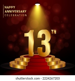 13th Anniversary. Perfect template design with golden podium for celebration events, weddings, greeting cards and invitation cards. Vector illustration