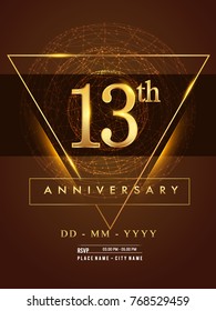 13th anniversary poster design on golden and elegant background, vector design for anniversary celebration, greeting card and invitation card.