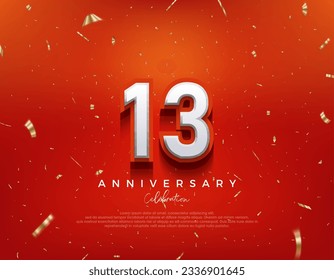 13th Anniversary. with white 3d numbers on fancy red background. Premium vector background for greeting and celebration.