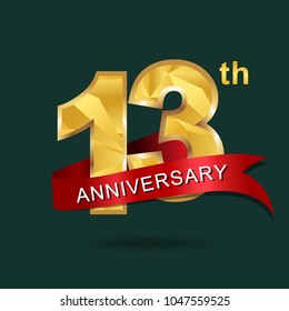13th anniversary years celebration logotype. Logo gold numbers and ribbon gray background. 