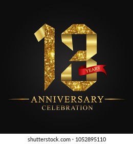 13th anniversary years celebration logotype. Logo ribbon gold number and red ribbon on black background. 