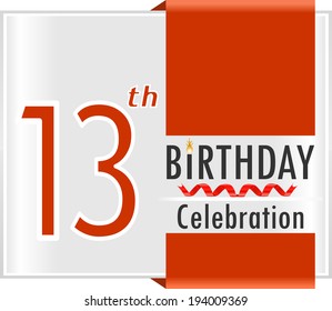 13th birthday, 13 years celebration card with vibrant colors and ribbon - vector illustration