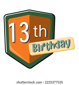 13th birthday on orange Secure shield. 
vector illustration isolated on white background. Flat design 