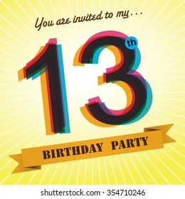 13th Birthday party invite / template design in retro style - Vector Background