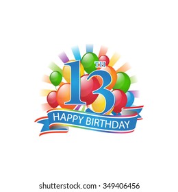 13th colorful happy birthday logo with balloons and burst of light