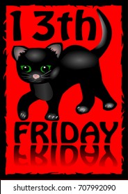 13th friday poster. Humorous flyer with a little black kitten cartoon on red background. Vector EPS 10