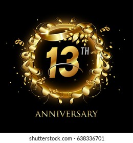 13th gold anniversary celebration With confetti, ring, and abstract elements, isolated on dark background