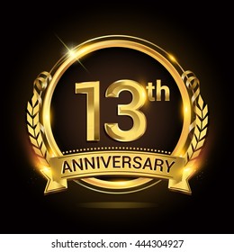 13th golden anniversary logo, 13 years anniversary celebration with ring and ribbon, Golden anniversary laurel wreath design.
