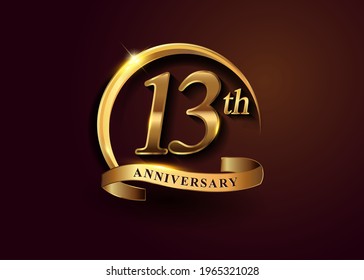 13th golden anniversary logo with gold ring and golden ribbon, vector design for birthday celebration, invitation card.