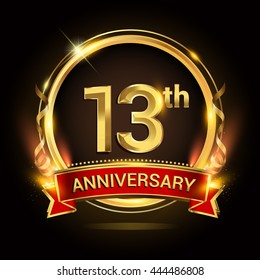 13th golden anniversary logo with ring and red ribbon, vector design.
