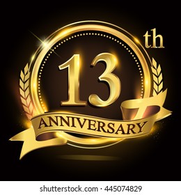 13th golden anniversary logo with ring and ribbon, laurel wreath vector design.