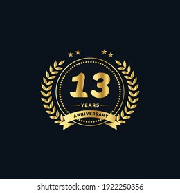 13th golden anniversary logo, with shiny ring and golden ribbon, laurel wreath isolated on navy blue background