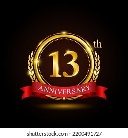 13th golden anniversary template design, with shiny ring and red ribbon, laurel wreath isolated on black background, logo vector