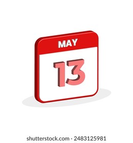 Icono 3D del calendario del 13 de mayo. 3D May 13 calendar Fecha, Mes icon Vector ilustrador