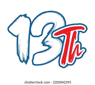 13th Ordinal Number counting vector art illustration with stunning font on red trim blue on white background